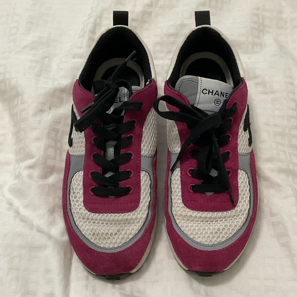 Chanel Mesh Suede Calfskin Womens CC Sneakers 38 White Dark Pink Grey - Picture 12 of 12